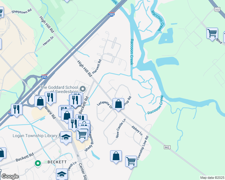 map of restaurants, bars, coffee shops, grocery stores, and more near 107 Canter Road in Logan Township