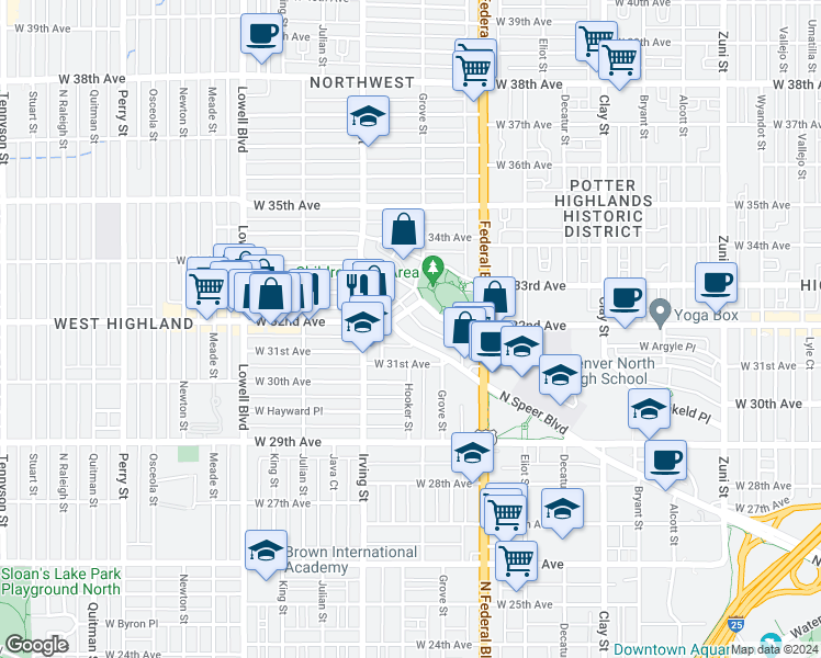 map of restaurants, bars, coffee shops, grocery stores, and more near 3160 North Speer Boulevard in Denver
