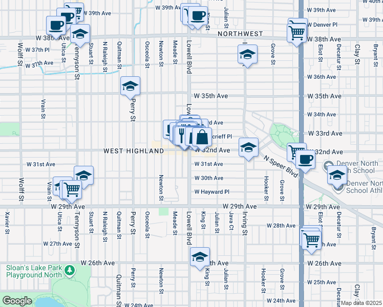 map of restaurants, bars, coffee shops, grocery stores, and more near in Denver
