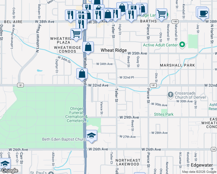 map of restaurants, bars, coffee shops, grocery stores, and more near 7300 West 32nd Avenue in Wheat Ridge