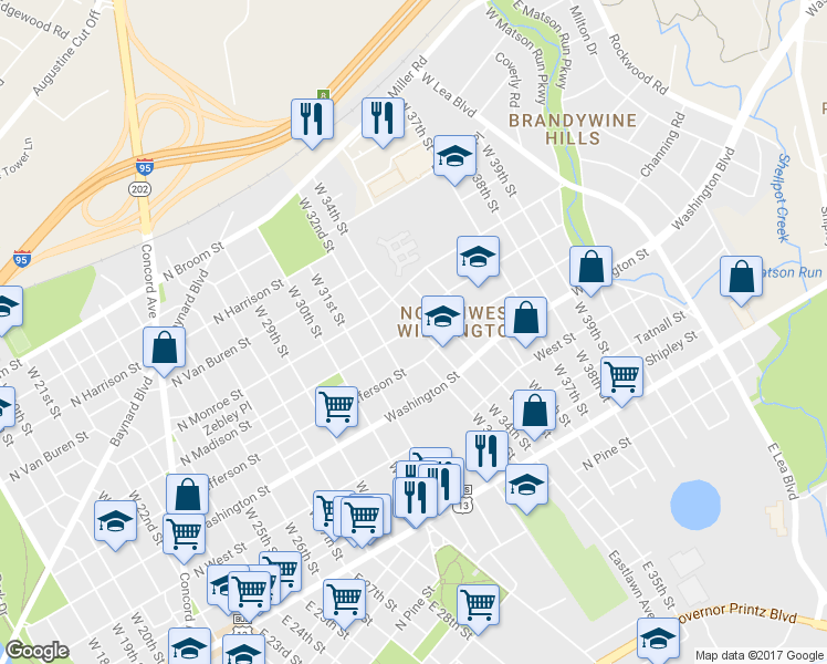 map of restaurants, bars, coffee shops, grocery stores, and more near 3310 North Madison Street in Wilmington