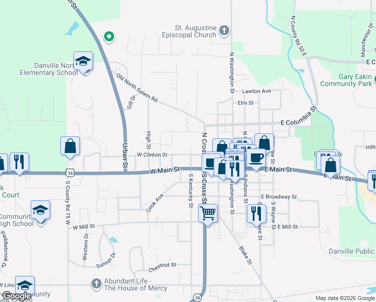 map of restaurants, bars, coffee shops, grocery stores, and more near 302 W Clinton St in Danville