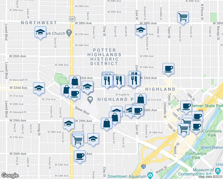 map of restaurants, bars, coffee shops, grocery stores, and more near 2620 West 32nd Avenue in Denver