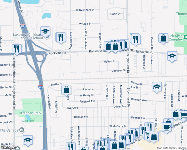 map of restaurants, bars, coffee shops, grocery stores, and more near 5527 Jackson Street in Indianapolis
