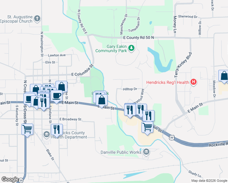 map of restaurants, bars, coffee shops, grocery stores, and more near 108 Parkridge Road in Danville