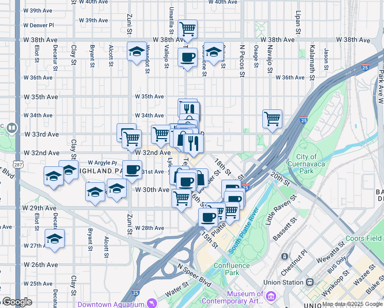 map of restaurants, bars, coffee shops, grocery stores, and more near 1936 West 32nd Avenue in Denver