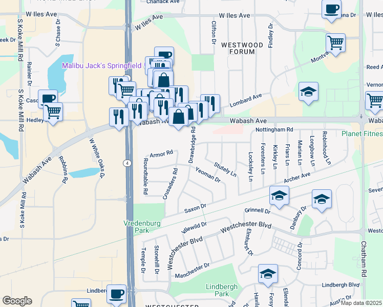 map of restaurants, bars, coffee shops, grocery stores, and more near 33 Drawbridge Road in Springfield
