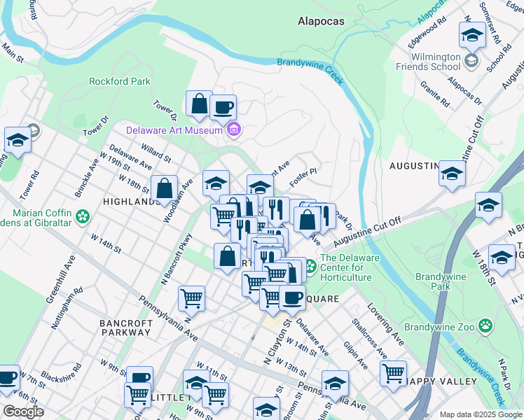 map of restaurants, bars, coffee shops, grocery stores, and more near 2006 Shallcross Ave in Wilmington