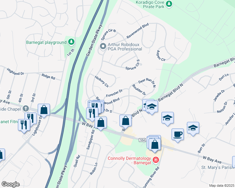 map of restaurants, bars, coffee shops, grocery stores, and more near 18 Forester Drive in Barnegat Township