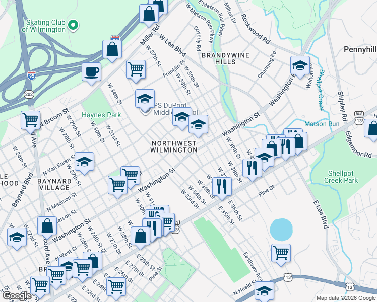 map of restaurants, bars, coffee shops, grocery stores, and more near 301 West 36th Street in Wilmington