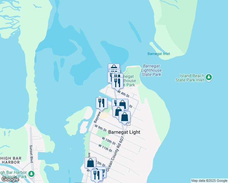 map of restaurants, bars, coffee shops, grocery stores, and more near 40 West 4th Street in Barnegat Light