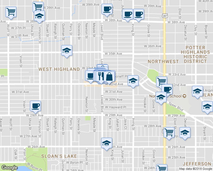 map of restaurants, bars, coffee shops, grocery stores, and more near 3472 West 32nd Avenue in Denver
