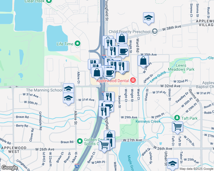 map of restaurants, bars, coffee shops, grocery stores, and more near W 32nd Ave & Youngfield St in Wheat Ridge