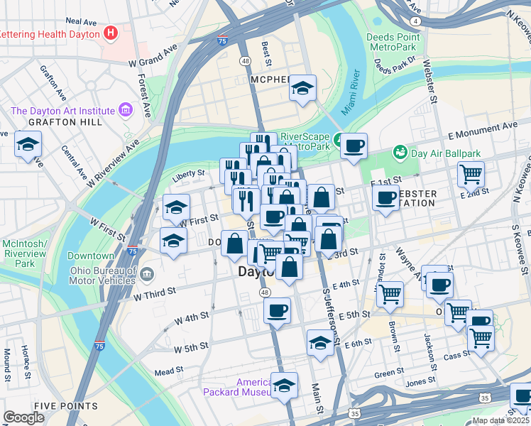 map of restaurants, bars, coffee shops, grocery stores, and more near 20 West First Street in Dayton