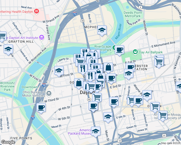 map of restaurants, bars, coffee shops, grocery stores, and more near 20 West First Street in Dayton
