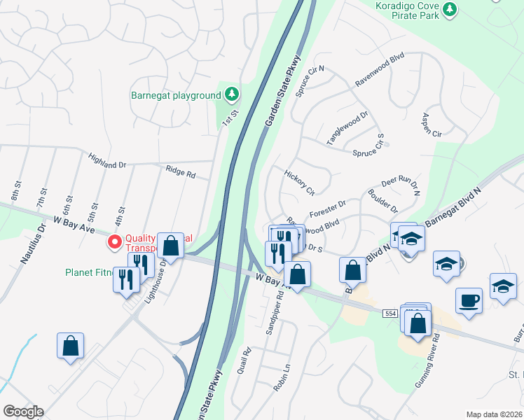 map of restaurants, bars, coffee shops, grocery stores, and more near 67 Deer Run Drive South in Barnegat Township