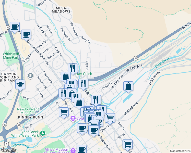 map of restaurants, bars, coffee shops, grocery stores, and more near 317 Sunshine Parkway in Golden