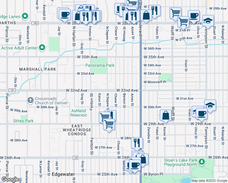 map of restaurants, bars, coffee shops, grocery stores, and more near 3195 Chase Street in Wheat Ridge