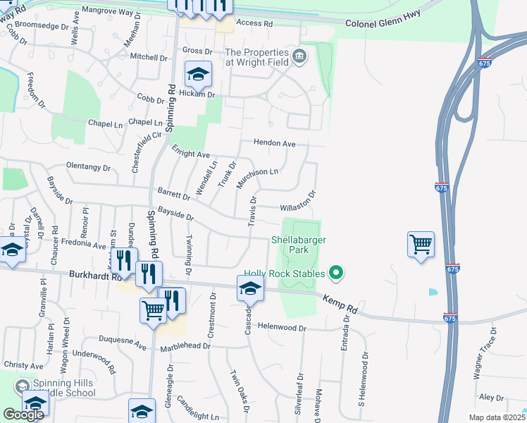 map of restaurants, bars, coffee shops, grocery stores, and more near 5858 Willaston Drive in Dayton
