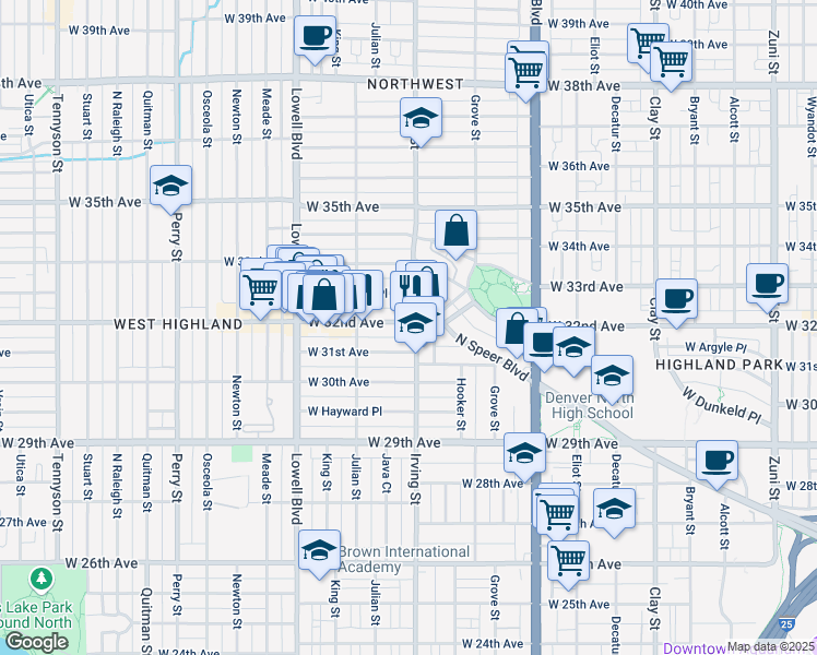 map of restaurants, bars, coffee shops, grocery stores, and more near 3300 West 32nd Avenue in Denver