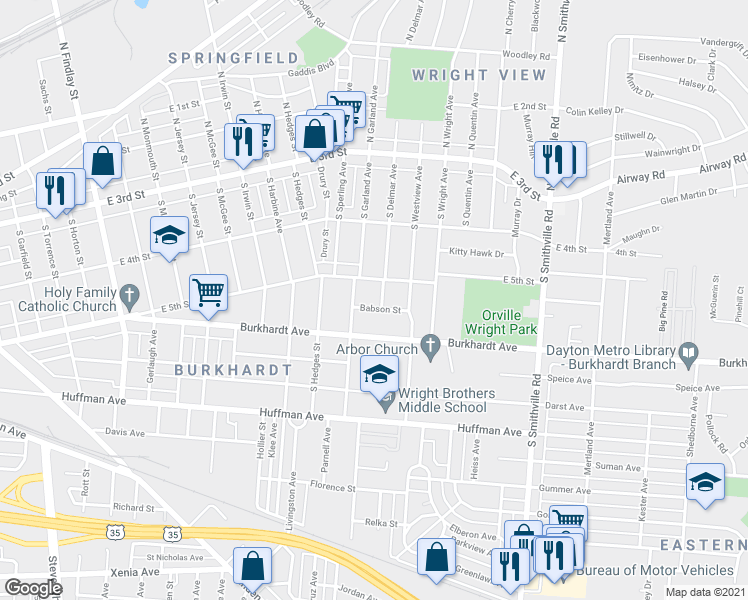 map of restaurants, bars, coffee shops, grocery stores, and more near 219 South Delmar Avenue in Dayton