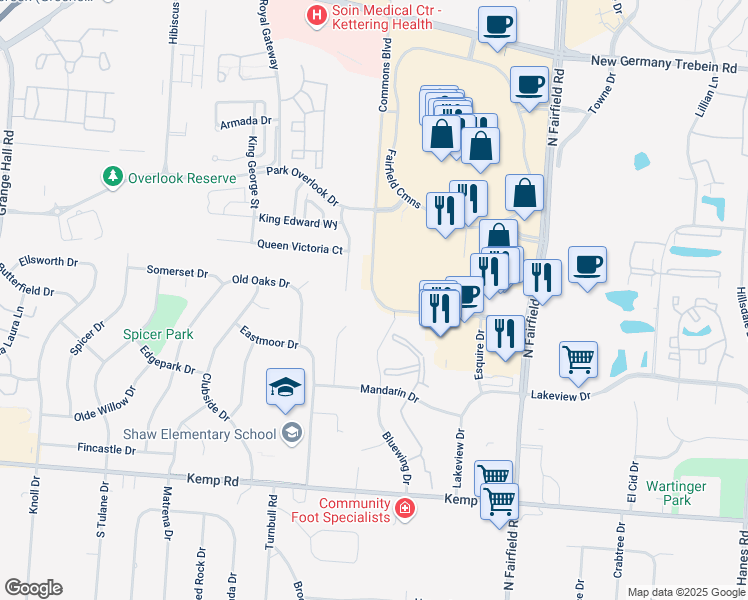 map of restaurants, bars, coffee shops, grocery stores, and more near 2474 Queen Elizabeth Court in Beavercreek