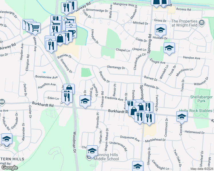 map of restaurants, bars, coffee shops, grocery stores, and more near 415 Pardee Pl in Dayton