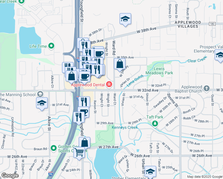 map of restaurants, bars, coffee shops, grocery stores, and more near 3200 Ward Road in Wheat Ridge