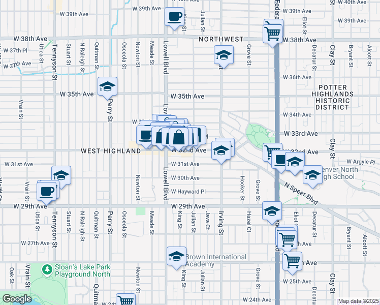 map of restaurants, bars, coffee shops, grocery stores, and more near 3424 West 32nd Avenue in Denver