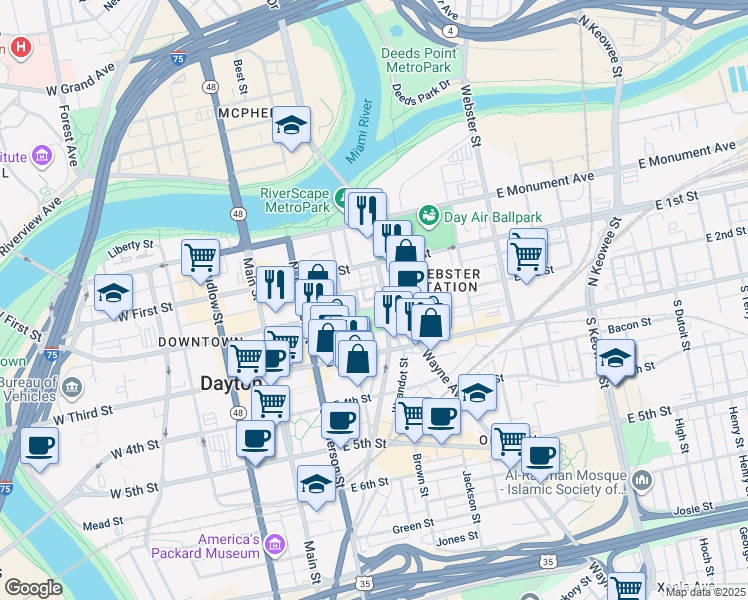 map of restaurants, bars, coffee shops, grocery stores, and more near 245 Cooper Place East in Dayton