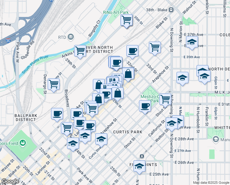 map of restaurants, bars, coffee shops, grocery stores, and more near 2900 Walnut Street in Denver