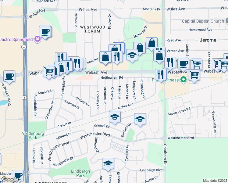 map of restaurants, bars, coffee shops, grocery stores, and more near 36 Kirkley Lane in Springfield