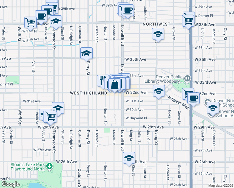 map of restaurants, bars, coffee shops, grocery stores, and more near 3714 West 32nd Avenue in Denver