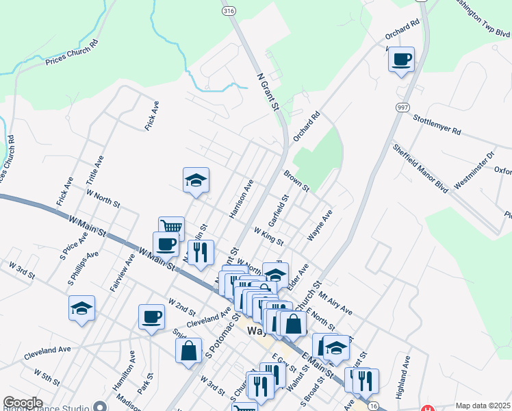 map of restaurants, bars, coffee shops, grocery stores, and more near 232 North Grant Street in Waynesboro