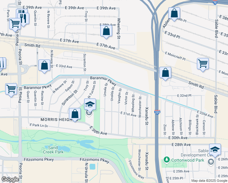 map of restaurants, bars, coffee shops, grocery stores, and more near 3190 Uvalda Street in Aurora