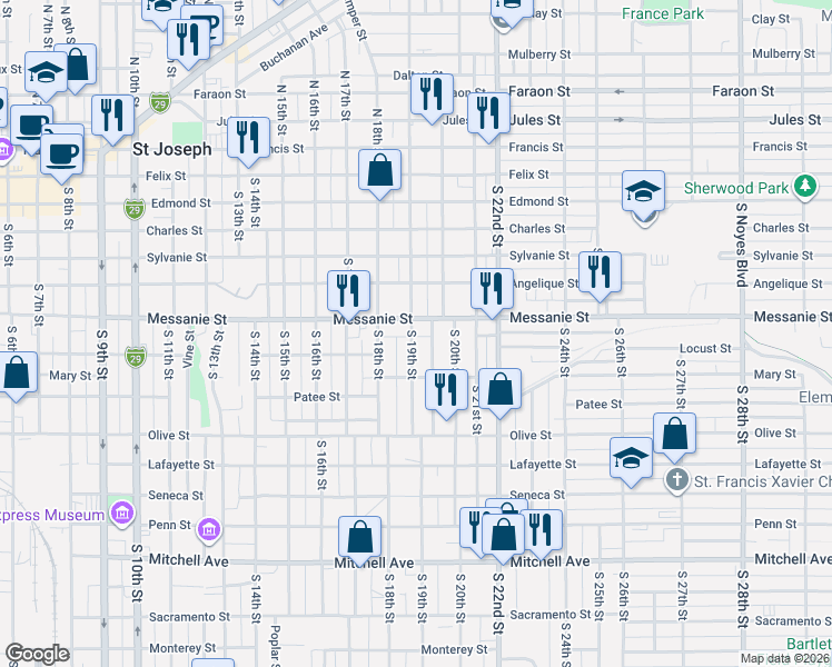 map of restaurants, bars, coffee shops, grocery stores, and more near 613 South 19th Street in Saint Joseph
