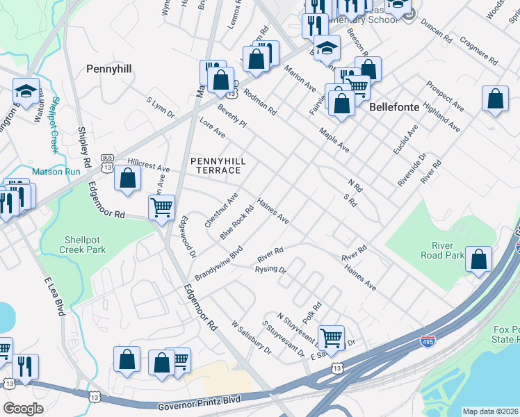 map of restaurants, bars, coffee shops, grocery stores, and more near 802 Haines Ave in Wilmington