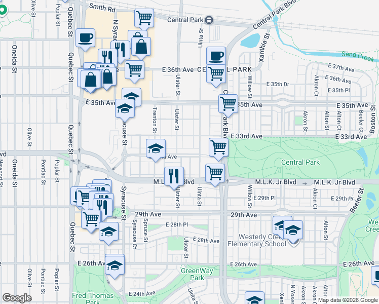 map of restaurants, bars, coffee shops, grocery stores, and more near 8159 East 32nd Avenue in Denver