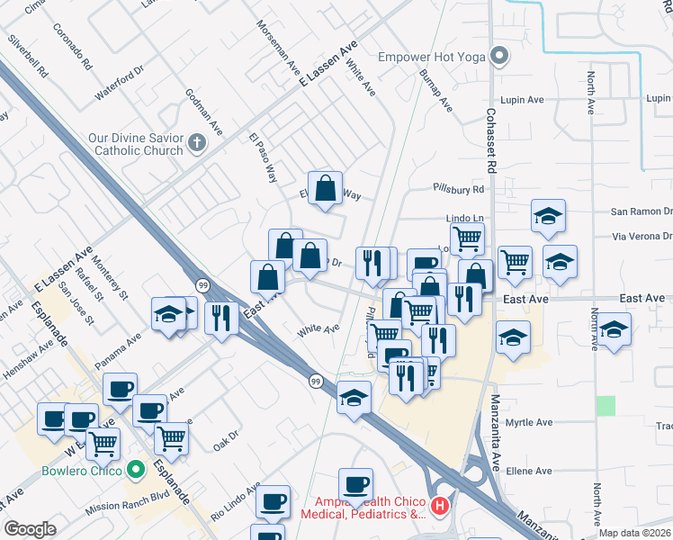 map of restaurants, bars, coffee shops, grocery stores, and more near 587 El Reno Drive in Chico