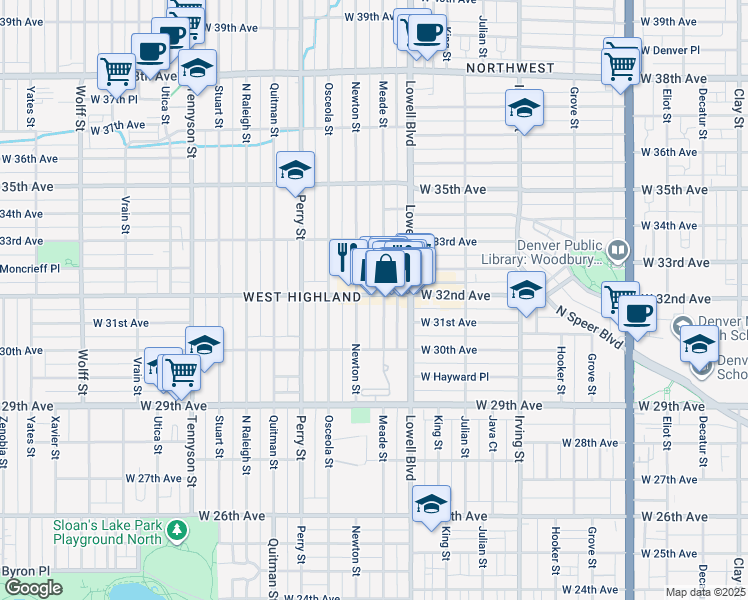 map of restaurants, bars, coffee shops, grocery stores, and more near 3714 West 32nd Avenue in Denver