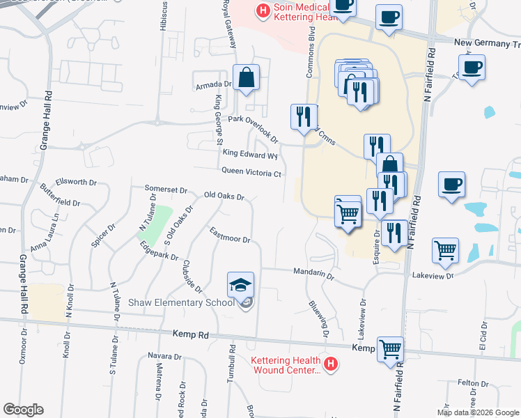 map of restaurants, bars, coffee shops, grocery stores, and more near 2466 Glenboro Drive in Dayton