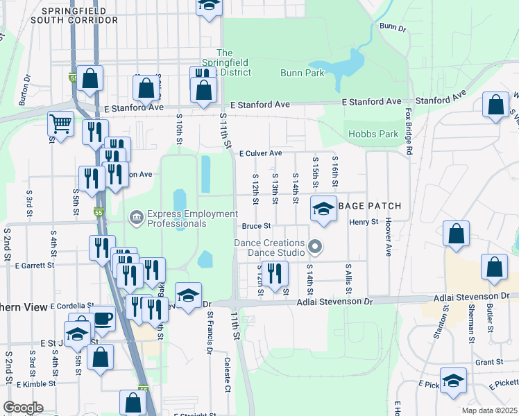 map of restaurants, bars, coffee shops, grocery stores, and more near 2912 South 12th Street in Springfield