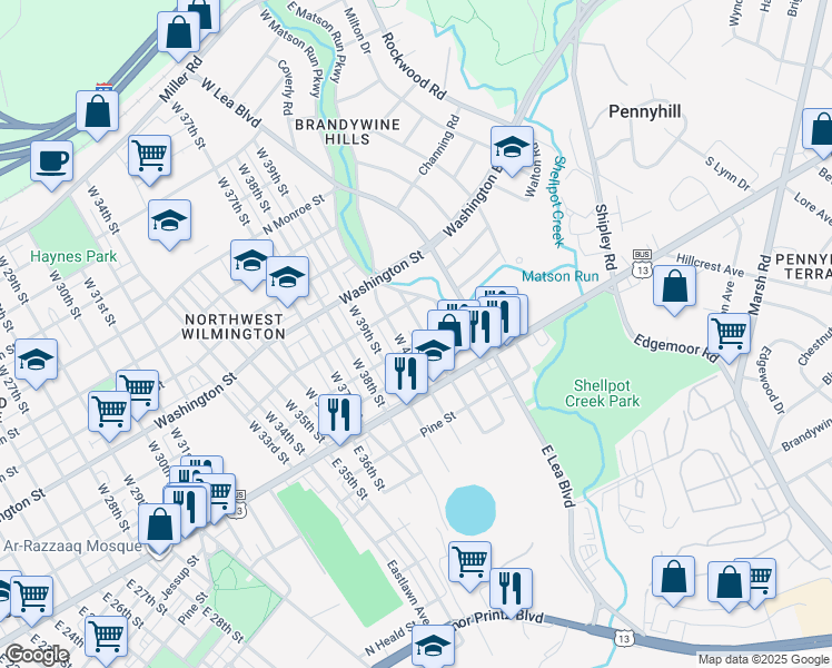 map of restaurants, bars, coffee shops, grocery stores, and more near 102 West 41st Street in Wilmington
