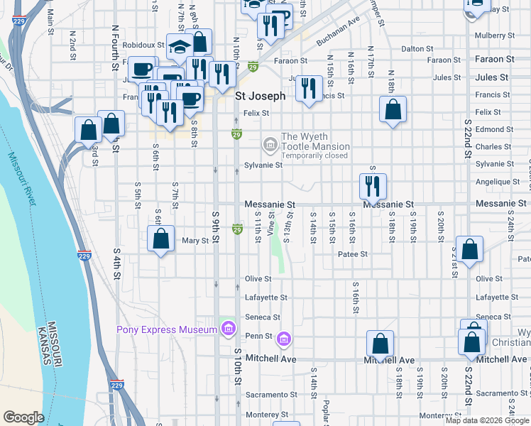 map of restaurants, bars, coffee shops, grocery stores, and more near 609 South 11th Street in Saint Joseph
