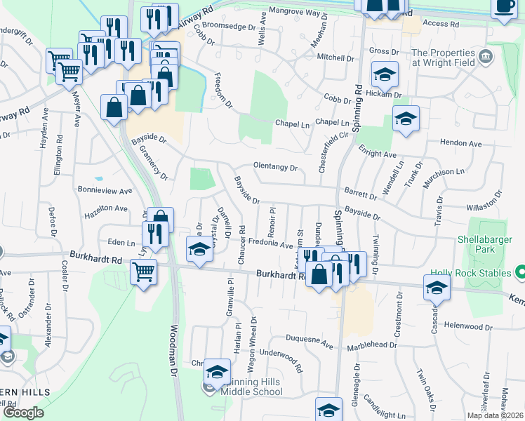 map of restaurants, bars, coffee shops, grocery stores, and more near 415 Pardee Place in Dayton