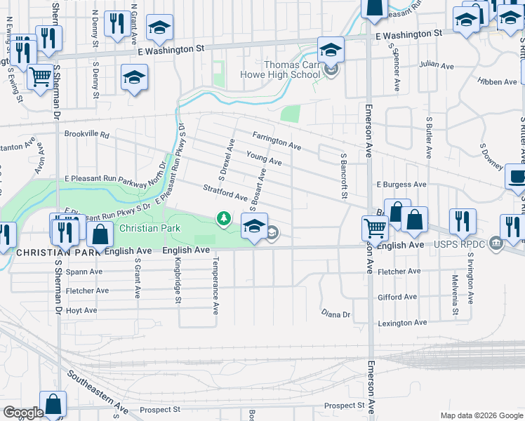 map of restaurants, bars, coffee shops, grocery stores, and more near 4713 Stratford Avenue in Indianapolis