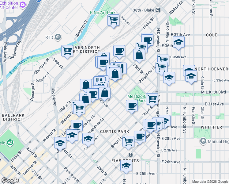 map of restaurants, bars, coffee shops, grocery stores, and more near 3011 Lawrence Street in Denver