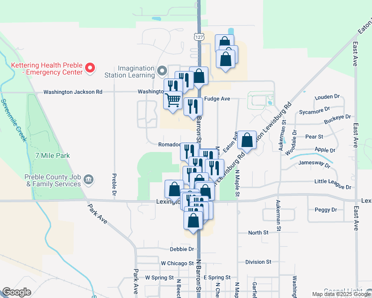 map of restaurants, bars, coffee shops, grocery stores, and more near 111 Romadoor Avenue in Eaton
