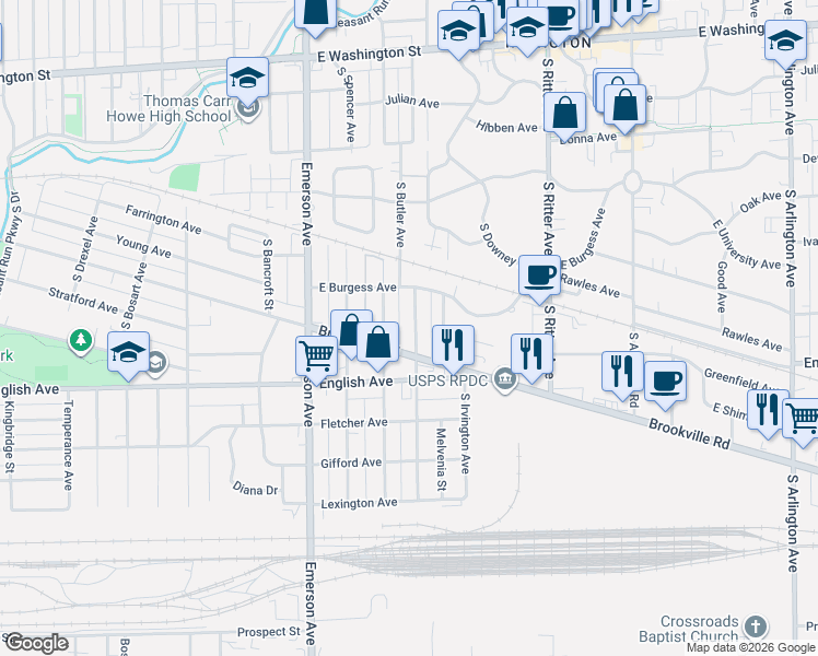 map of restaurants, bars, coffee shops, grocery stores, and more near 420 South Butler Avenue in Indianapolis