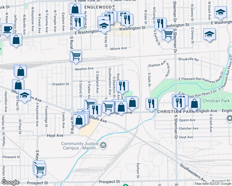 map of restaurants, bars, coffee shops, grocery stores, and more near 349 South Dearborn Street in Indianapolis